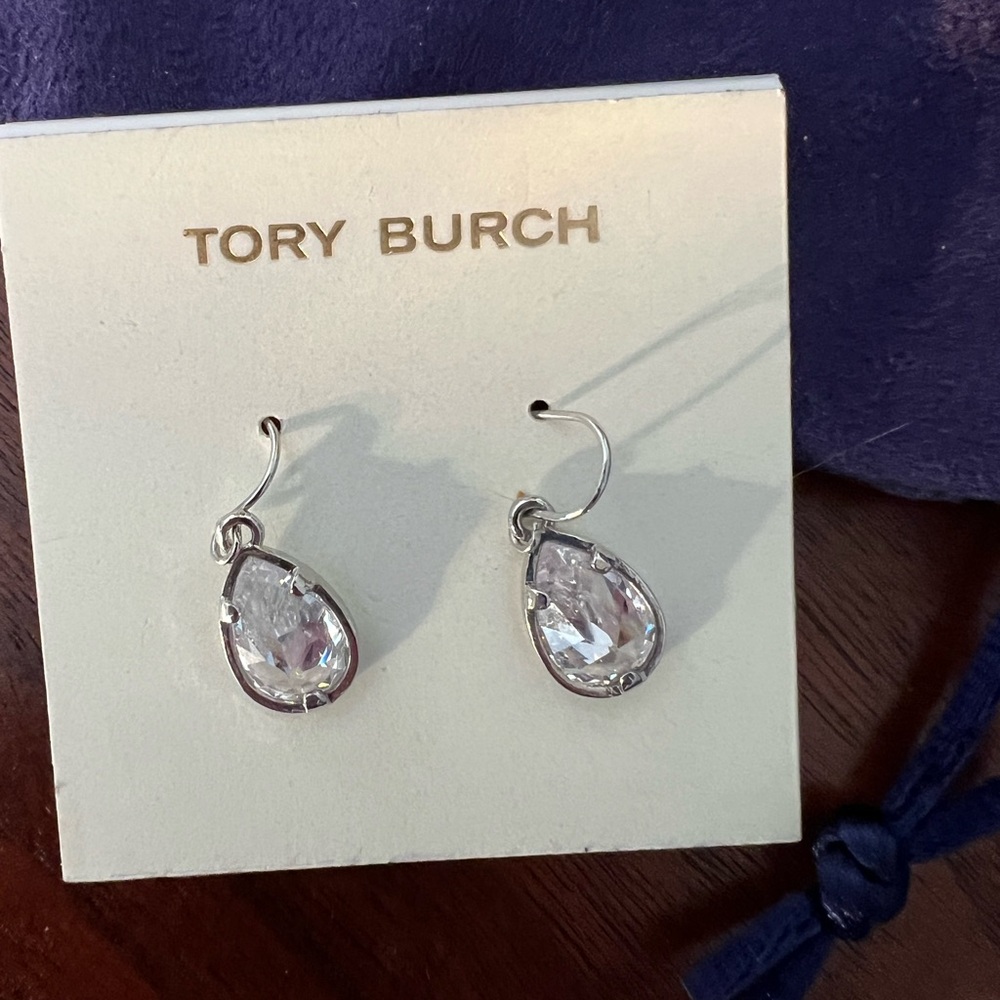 Women’s Tory Burch Silver Diamond Teardrop Dangling Earrings NWOT